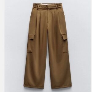 NWT Zara Cargo Trousers Elastic Waist Drawcord Hem Wide Leg High Rise Brown XS